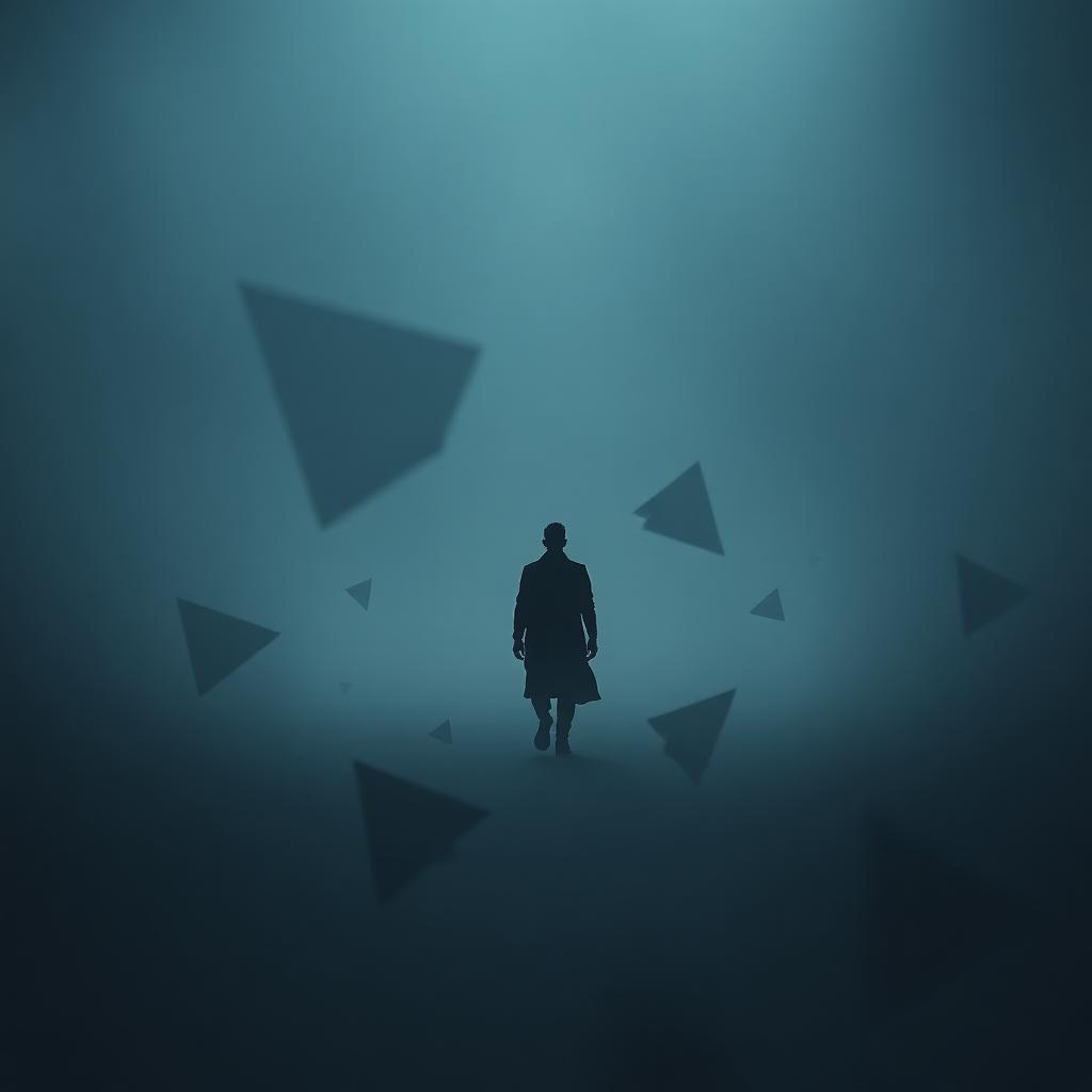 Lone silhouette walking through fragmented geometry and fog